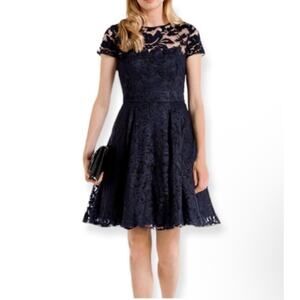 Ted Baker London Caree Dress Sheer Lace Overlay Fit to Flare Navy US Size 4